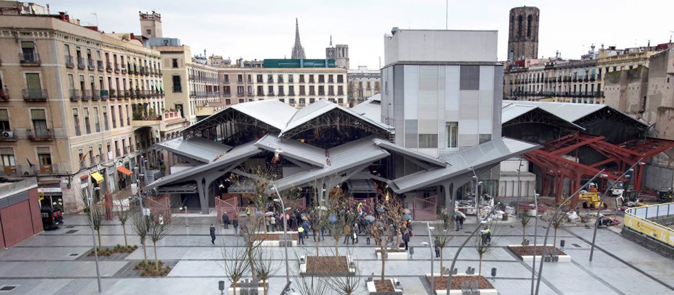 public space near popular food market in Barcelona, Spain 